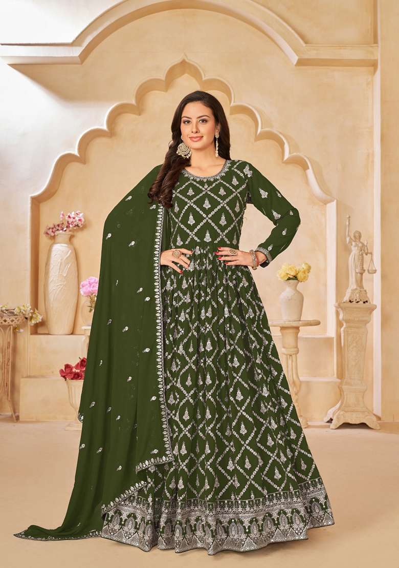 Mehendi Embroidered Faux Georgette Anarkali With Dupatta - Indya