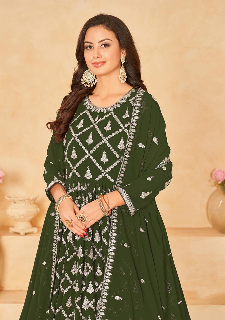 Mehendi Embroidered Faux Georgette Anarkali Kurta Set