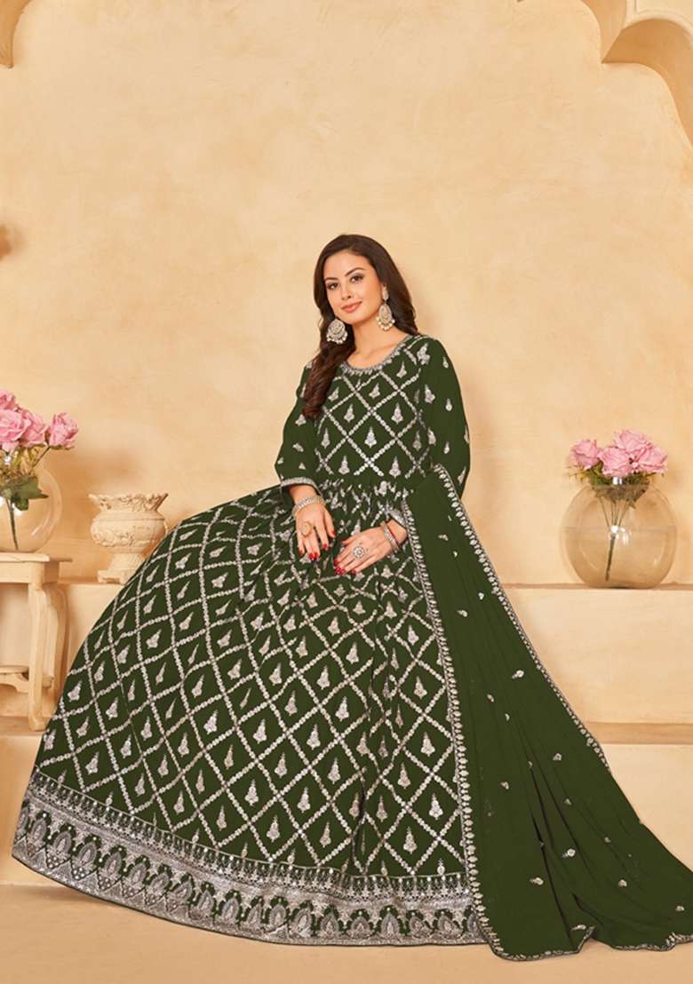 Mehendi Embroidered Faux Georgette Anarkali With Dupatta - Indya