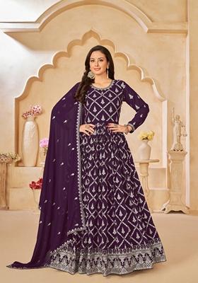Dark Purple Embroidered Faux Georgette Anarkali Kurta Set