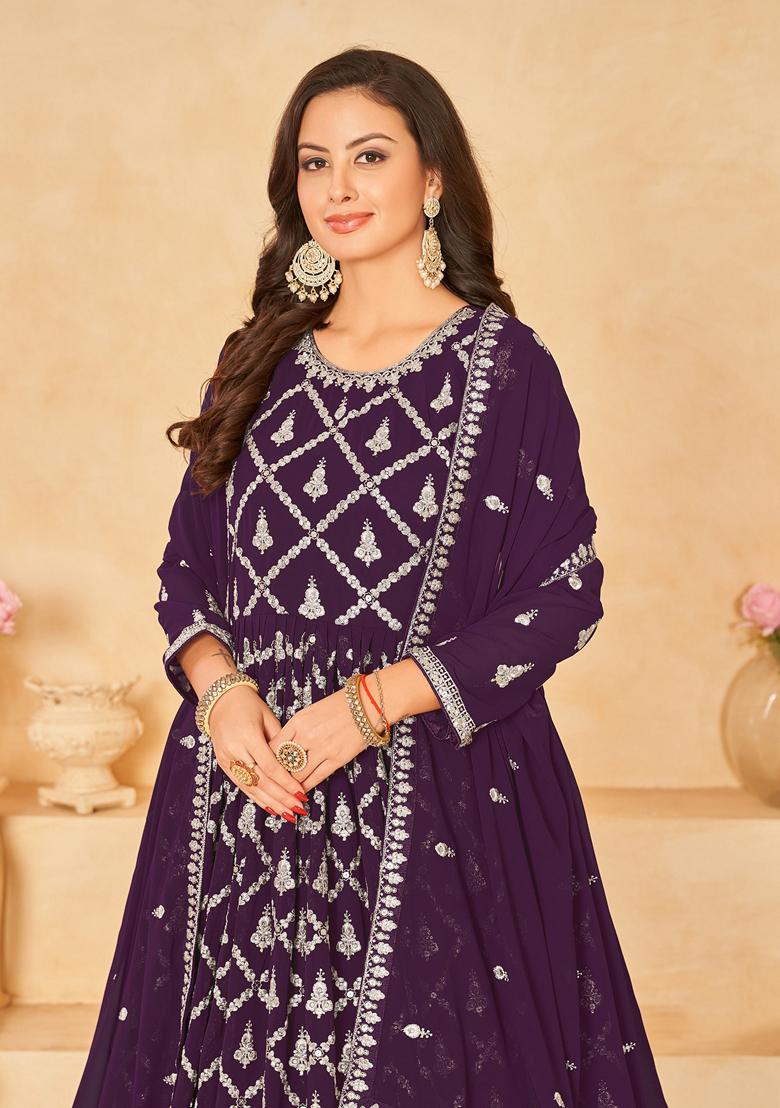 Dark Purple Embroidered Faux Georgette Anarkali Kurta Set