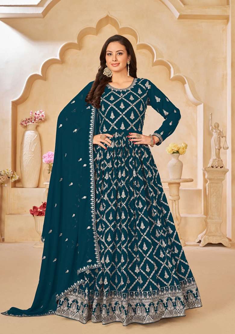 Teal Embroidered Faux Georgette Anarkali With Dupatta - Indya