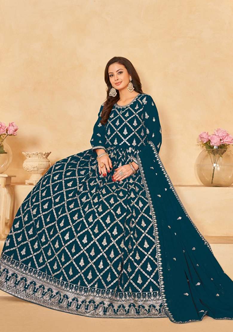Teal Embroidered Faux Georgette Anarkali With Dupatta - Indya