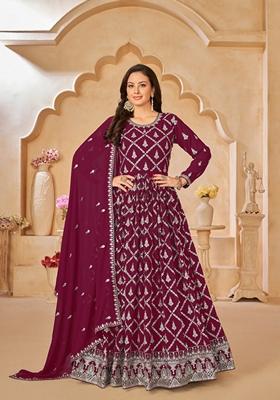 Purple Embroidered Faux Georgette Anarkali Kurta Set