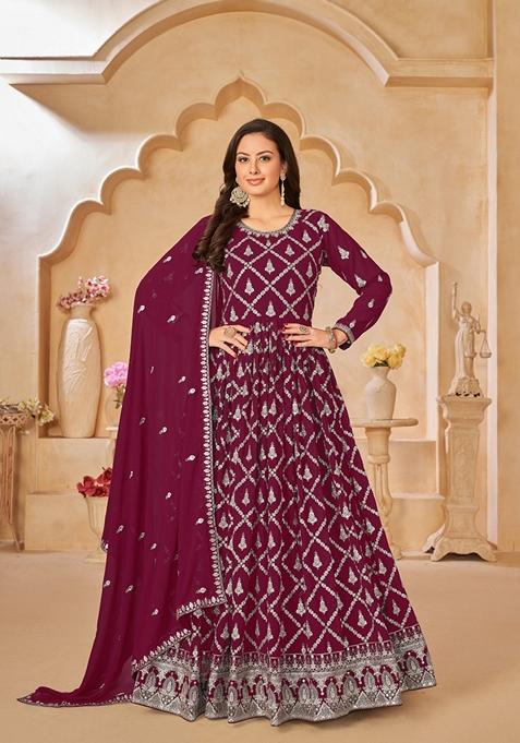 Purple Embroidered Faux Georgette Anarkali Kurta Set