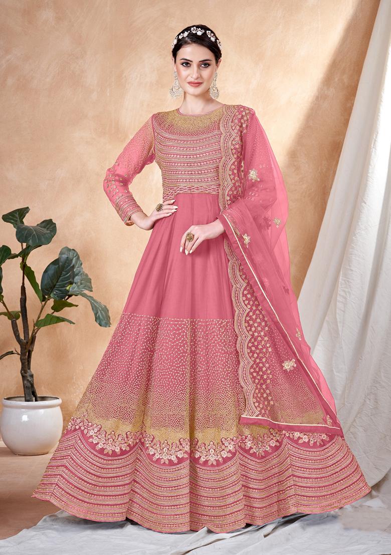 Pink Embroidered Net Anarkali Kurta Set