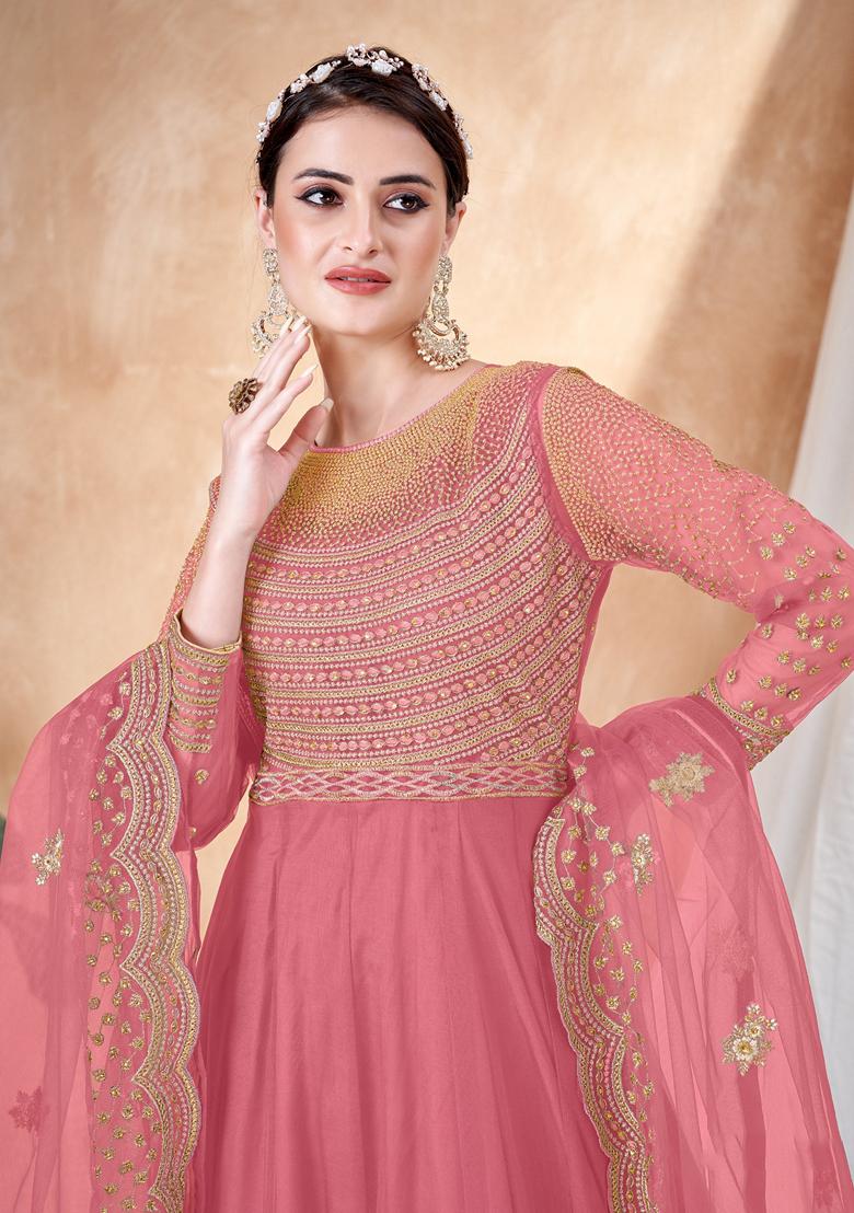 Pink Embroidered Net Anarkali Kurta Set