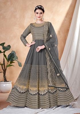 Grey Embroidered Net Anarkali Kurta Set