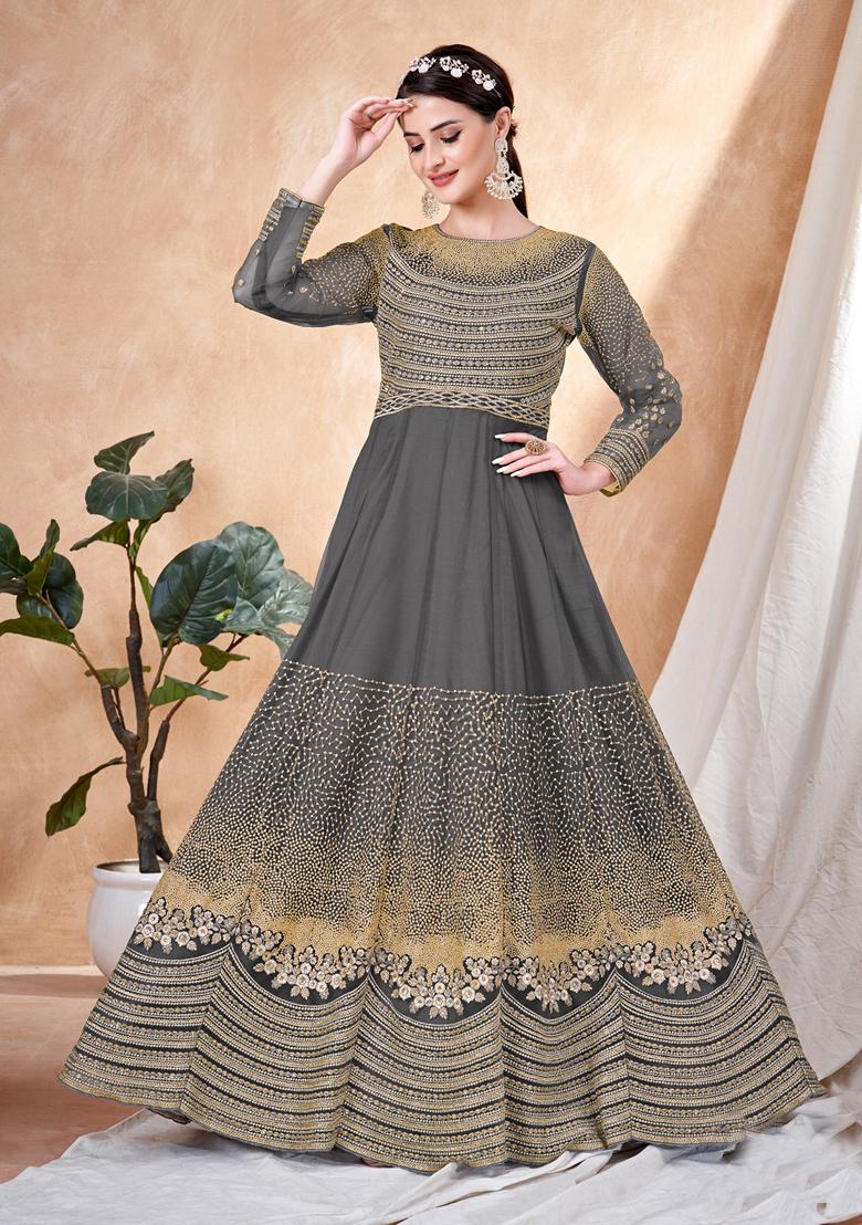 Grey Embroidered Net Anarkali Kurta Set