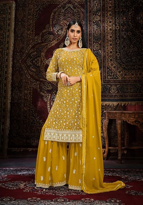 Yellow Embroidered Faux Georgette Sharara Set