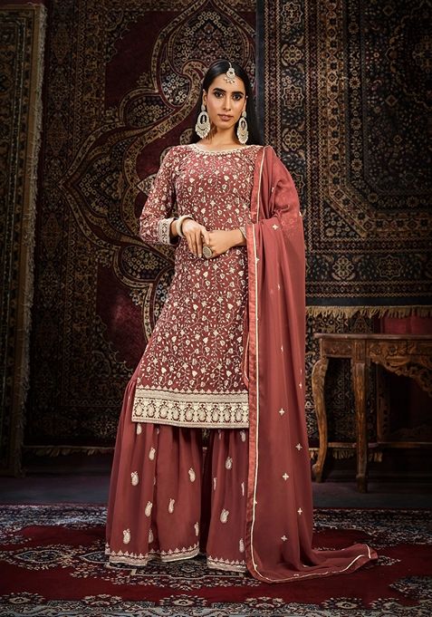 Brown Embroidered Faux Georgette Sharara Set