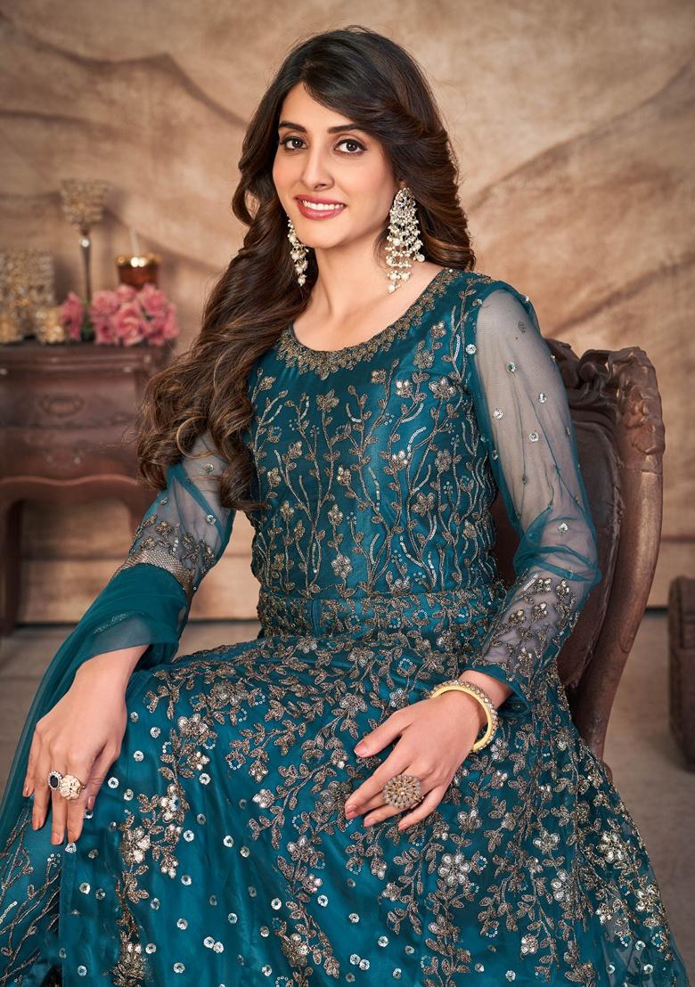 Teal Embroidered Net Anarkali Kurta Set
