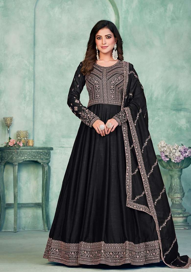 Black Embroidered Silk Blend Anarkali Set - Indya