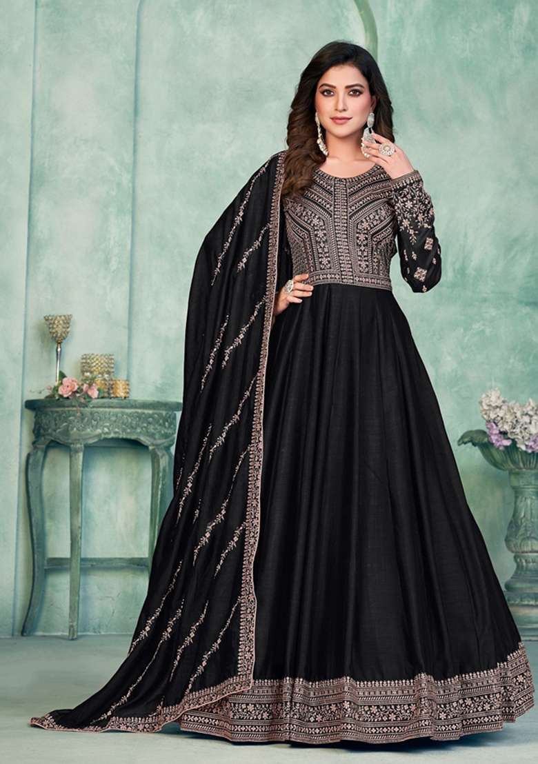 Black Embroidered Silk Blend Anarkali Set - Indya