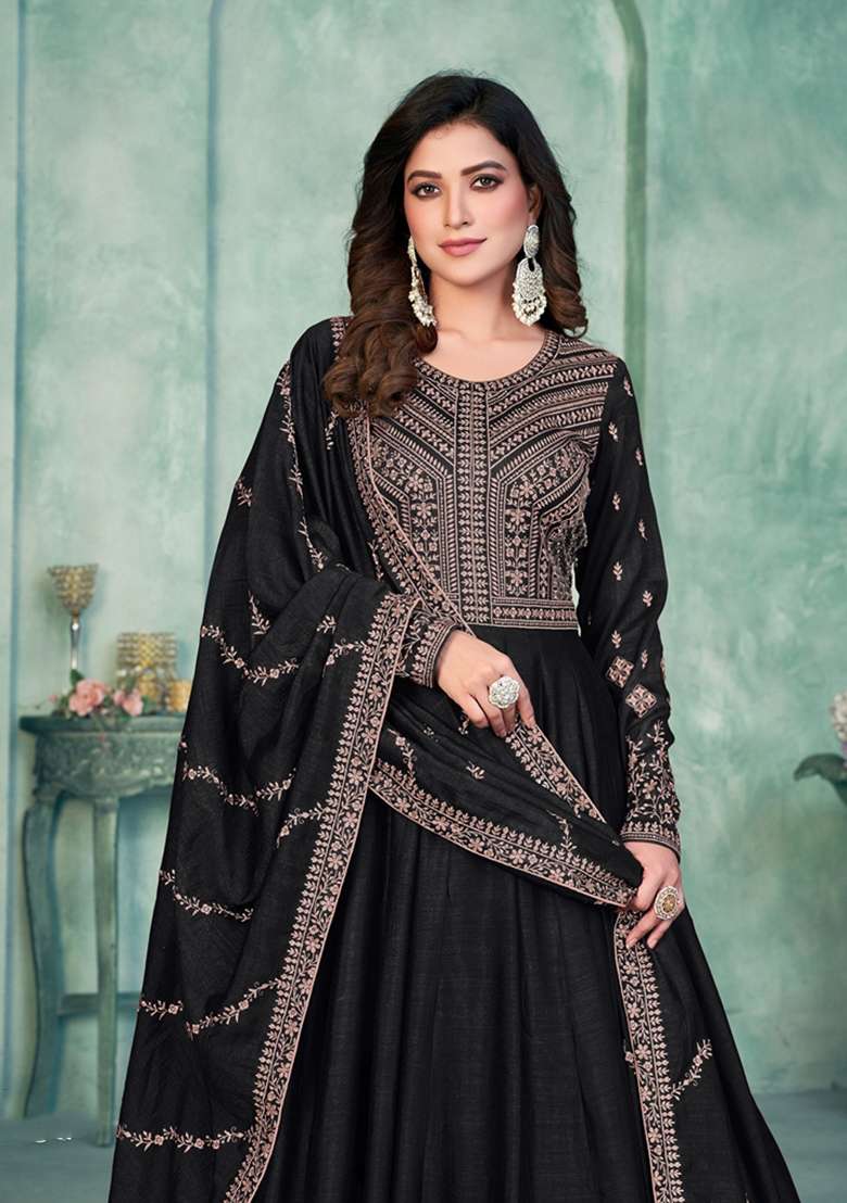 Black Embroidered Silk Blend Anarkali Set - Indya