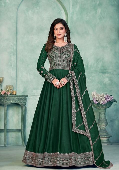 Green Embroidered Art Silk Anarkali Kurta Set