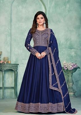 Navy Blue Embroidered Art Silk Anarkali Kurta Set
