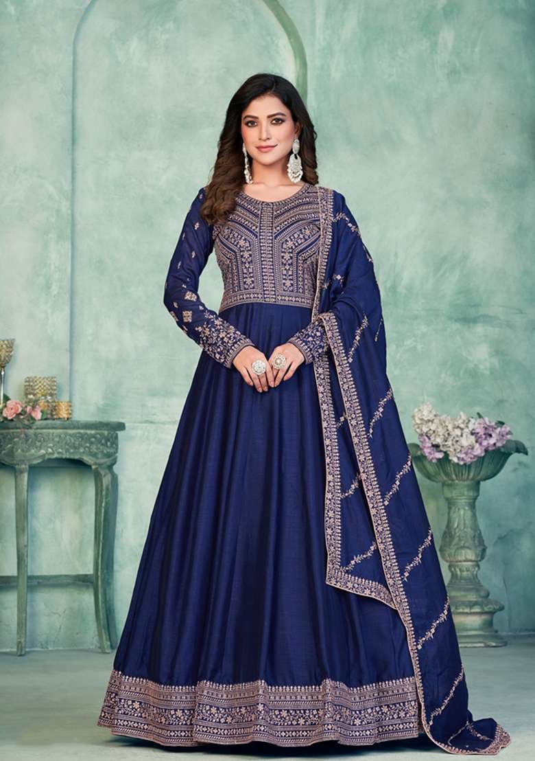 Navy Blue Embroidered Silk Blend Anarkali Set - Indya