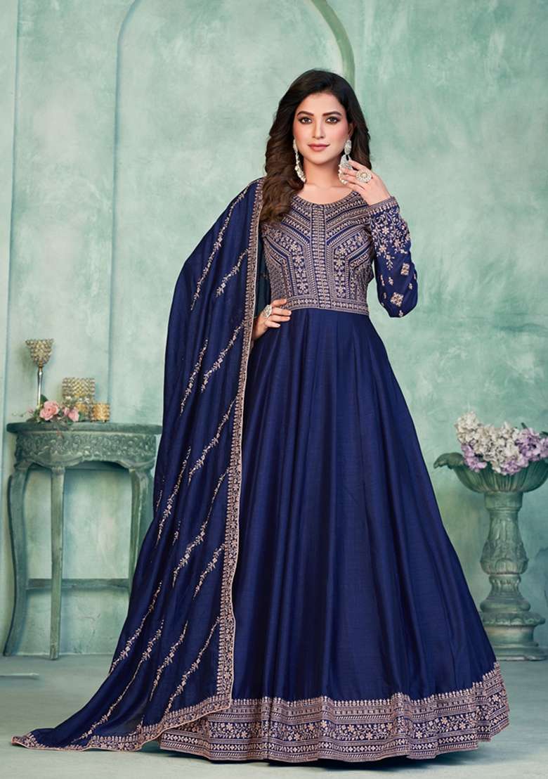 Navy Blue Embroidered Silk Blend Anarkali Set - Indya