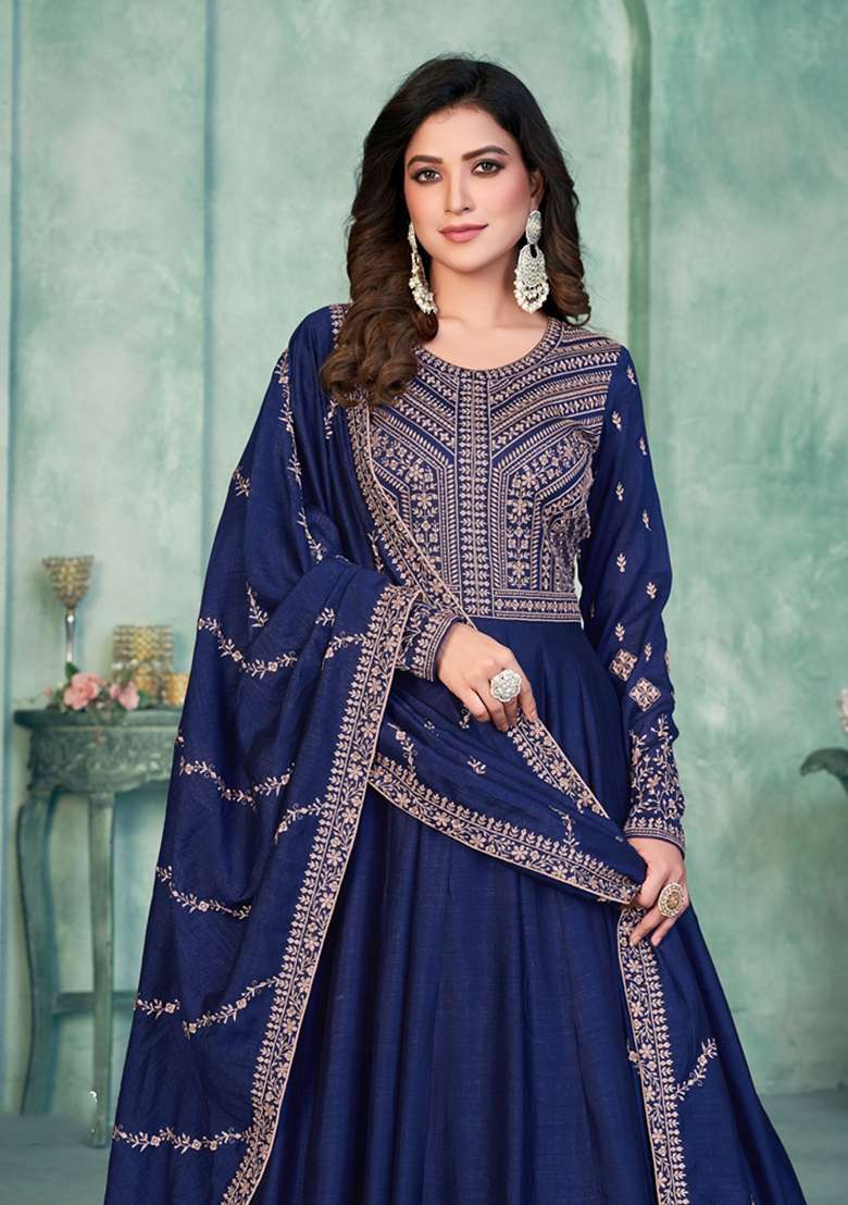 Navy Blue Embroidered Silk Blend Anarkali Set - Indya