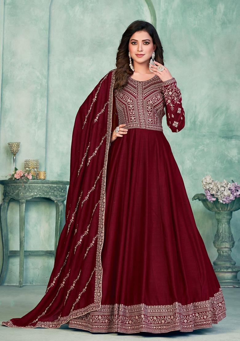Maroon Embroidered Art Silk Anarkali Kurta Set