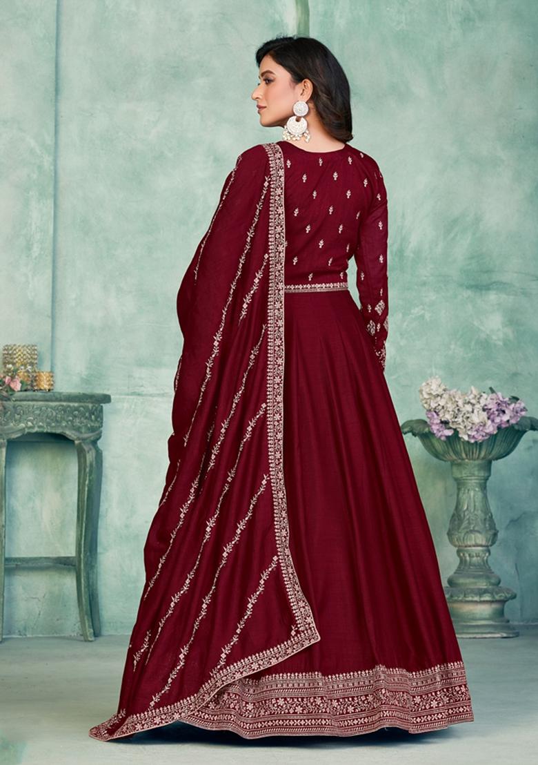 Maroon Embroidered Art Silk Anarkali Kurta Set