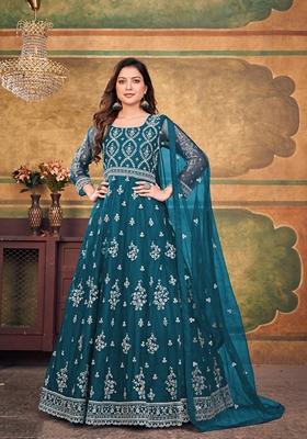 Teal Embroidered Net Anarkali Kurta Set