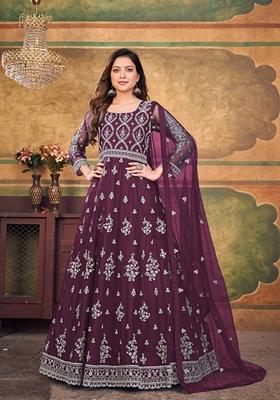Purple Embroidered Net Anarkali Kurta Set
