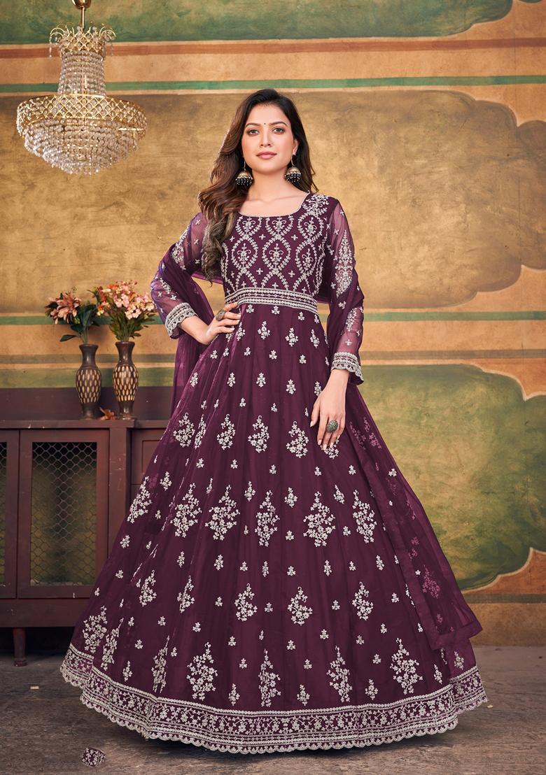 Purple Embroidered Net Anarkali Kurta Set