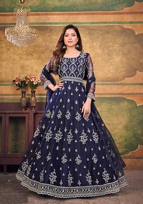 Navy Blue Embroidered Net Anarkali Kurta Set