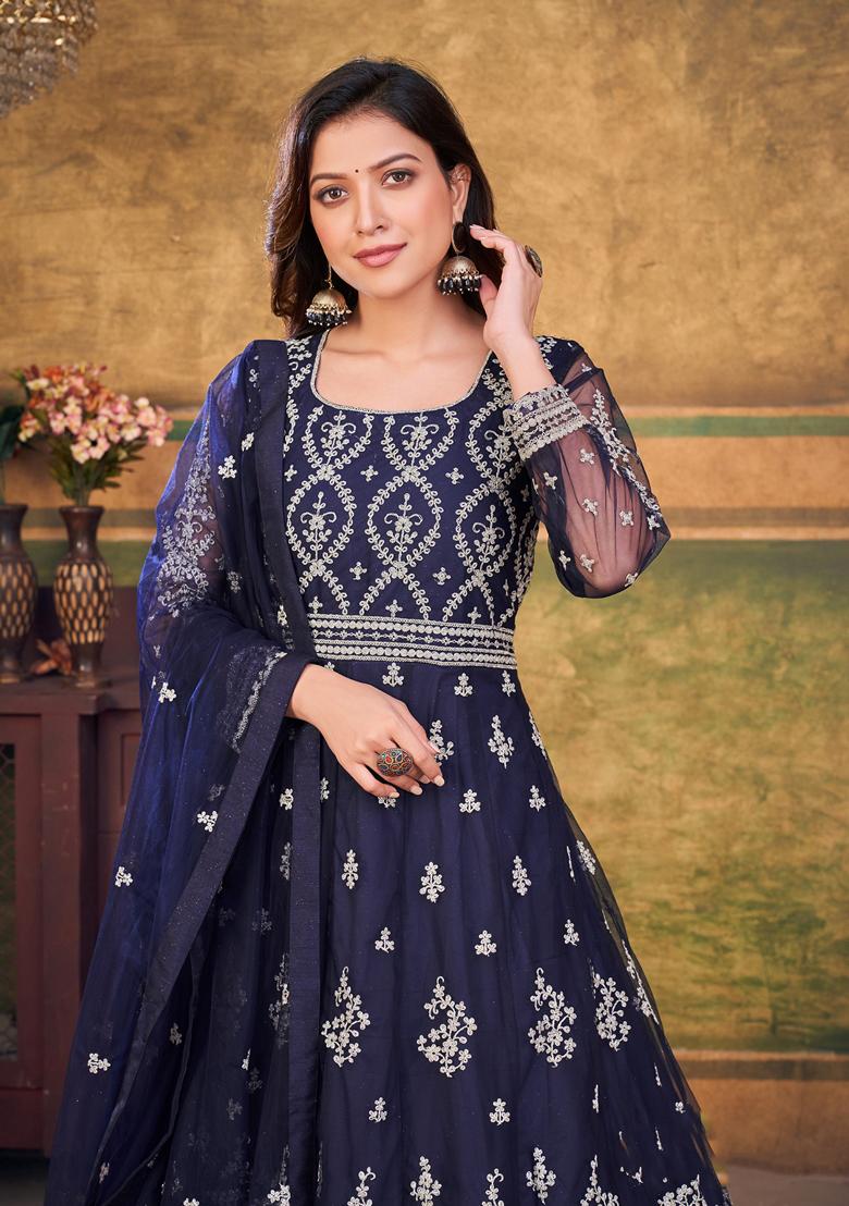 Navy Blue Embroidered Net Anarkali Kurta Set