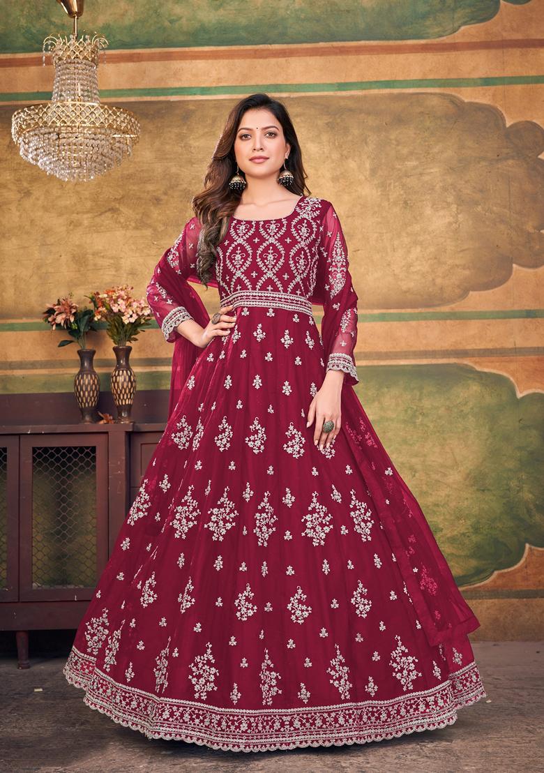Maroon Embroidered Net Anarkali Kurta Set
