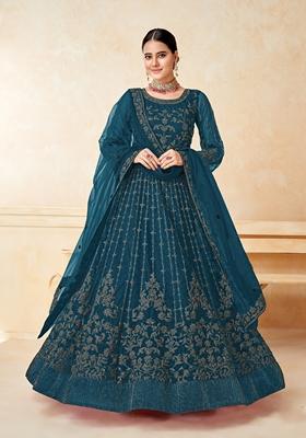 Teal Embroidered Net Anarkali Kurta Set