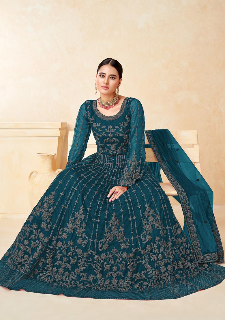 Teal Embroidered Net Anarkali Kurta Set
