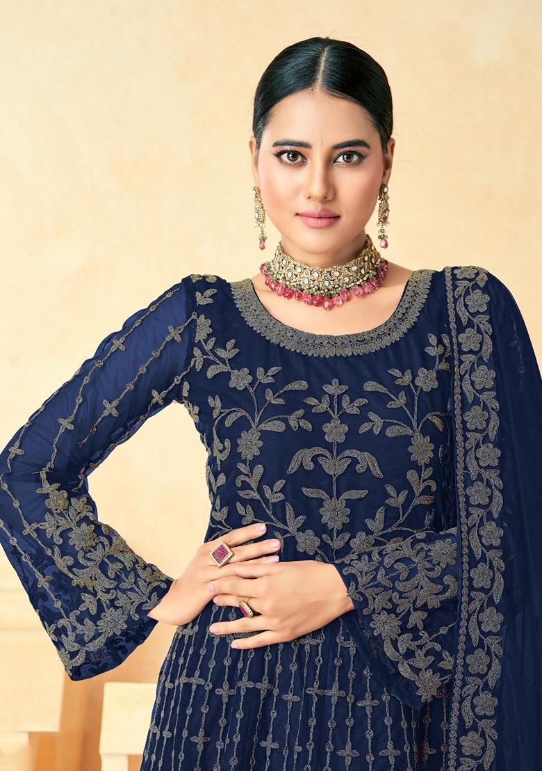 Navy Blue Embroidered Net Anarkali Kurta Set