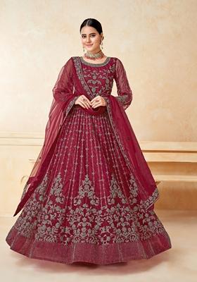 Maroon Embroidered Net Anarkali Kurta Set