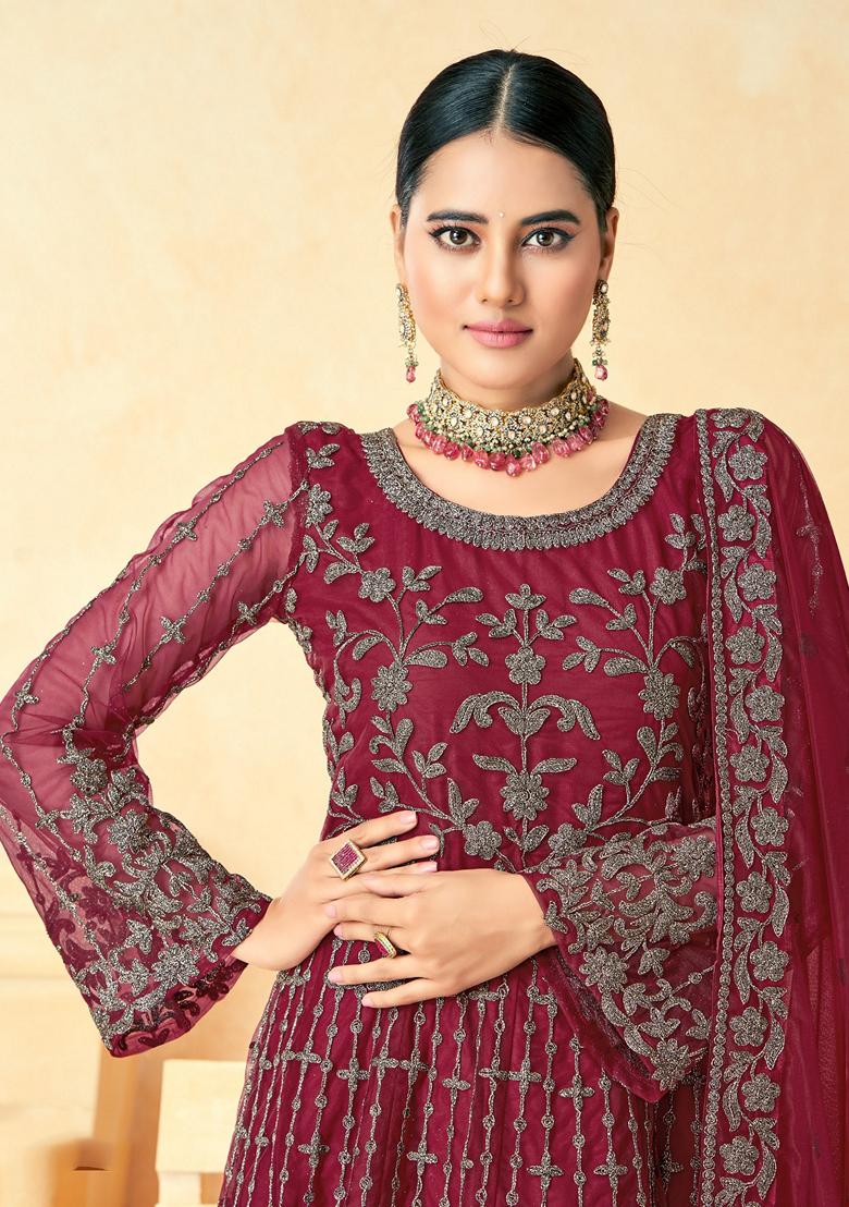 Maroon Embroidered Net Anarkali Kurta Set