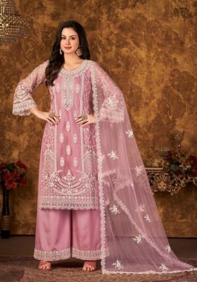 Pink Embroidered Net Kurta Set