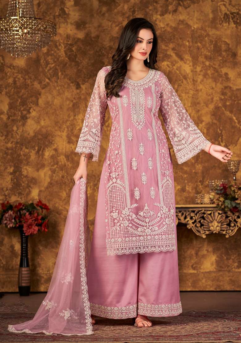 Pink Embroidered Net Pakistani Suit Set - Indya