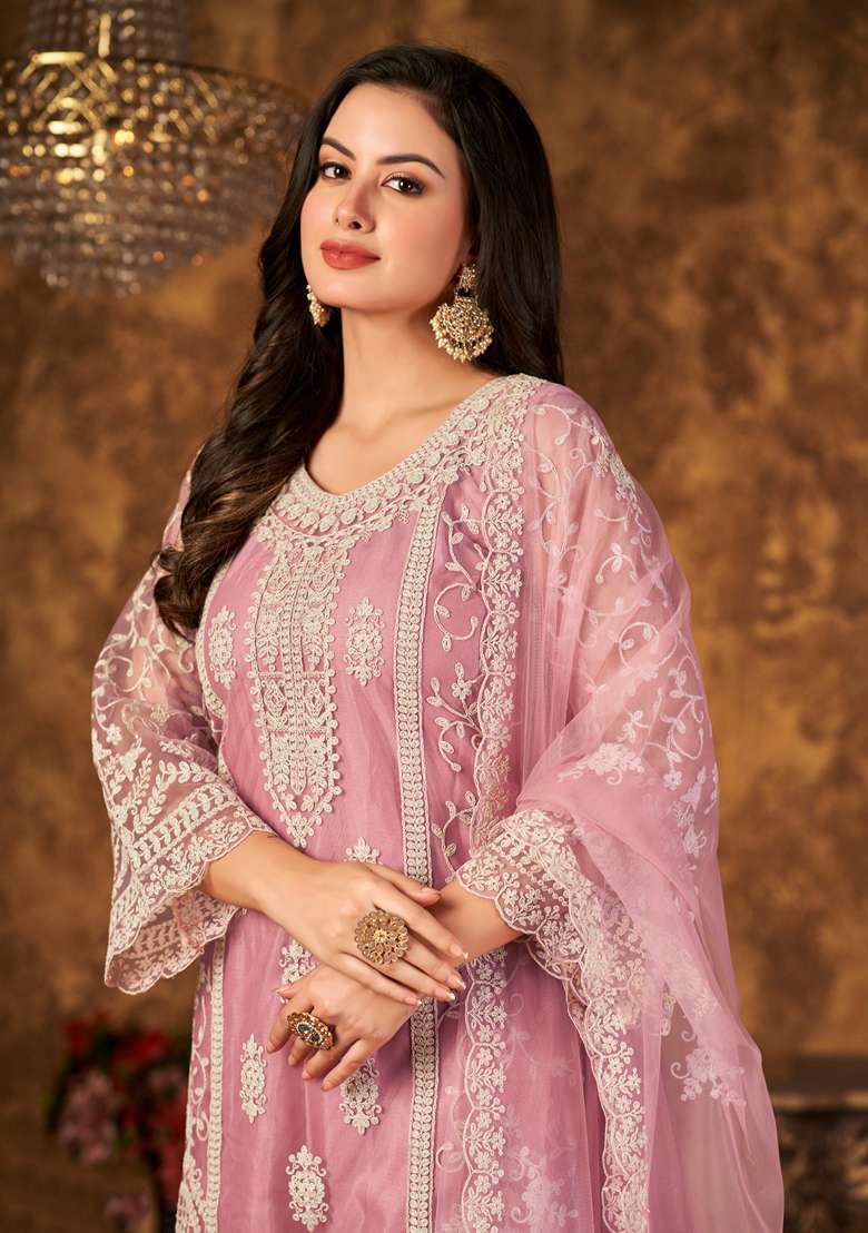 Pink Embroidered Net Pakistani Suit Set - Indya