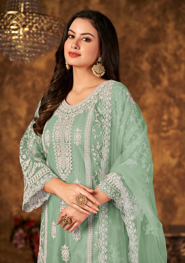 Light Green Embroidered Net Kurta Set