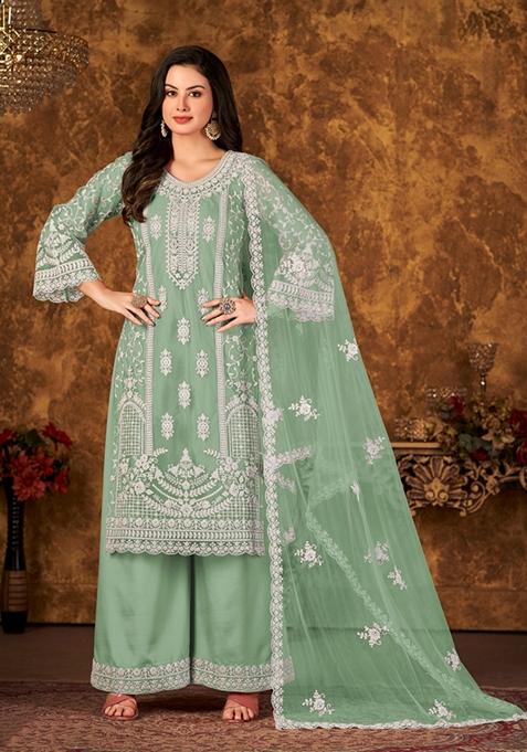Light Green Embroidered Net Kurta Set