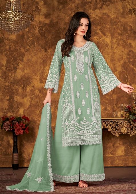 Light Green Embroidered Net Kurta Set