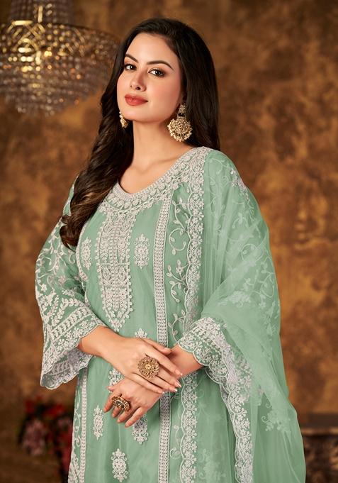 Light Green Embroidered Net Kurta Set