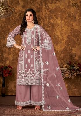 Purple Embroidered Net Kurta Set
