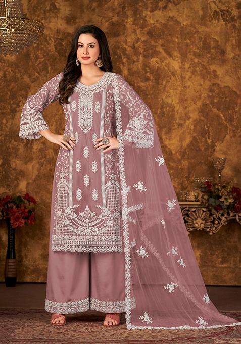 Purple Embroidered Net Kurta Set