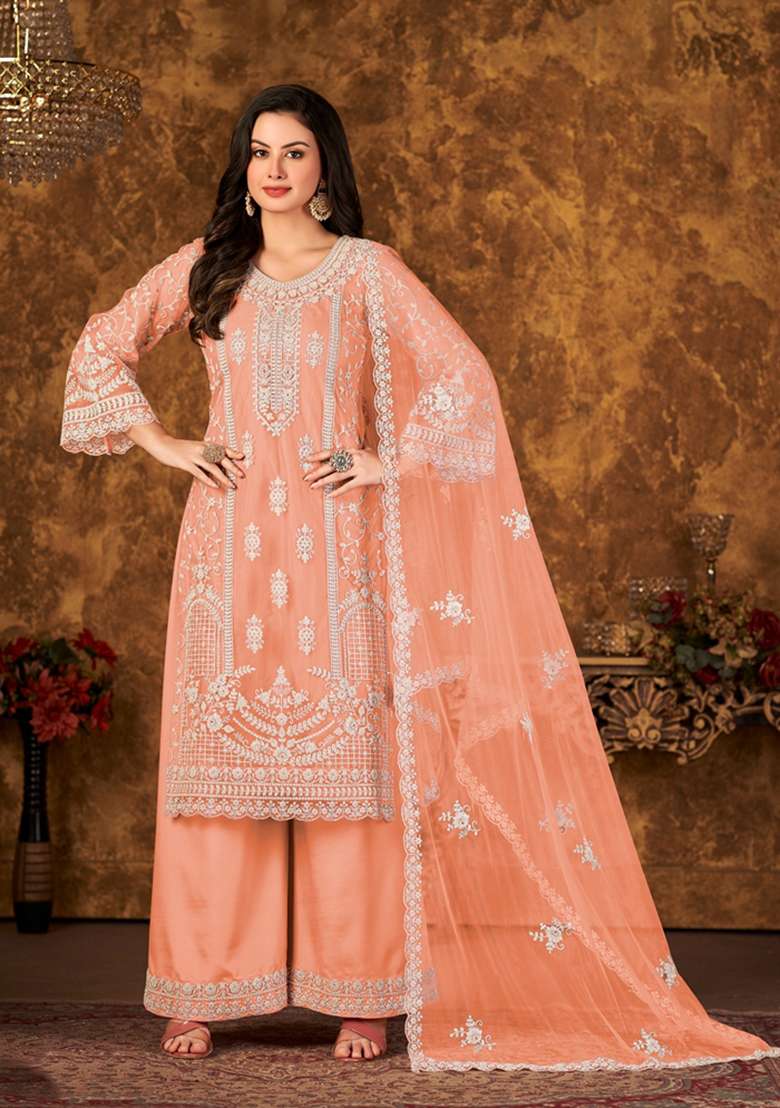 Orange Embroidered Net Straight Kurta Set - Indya