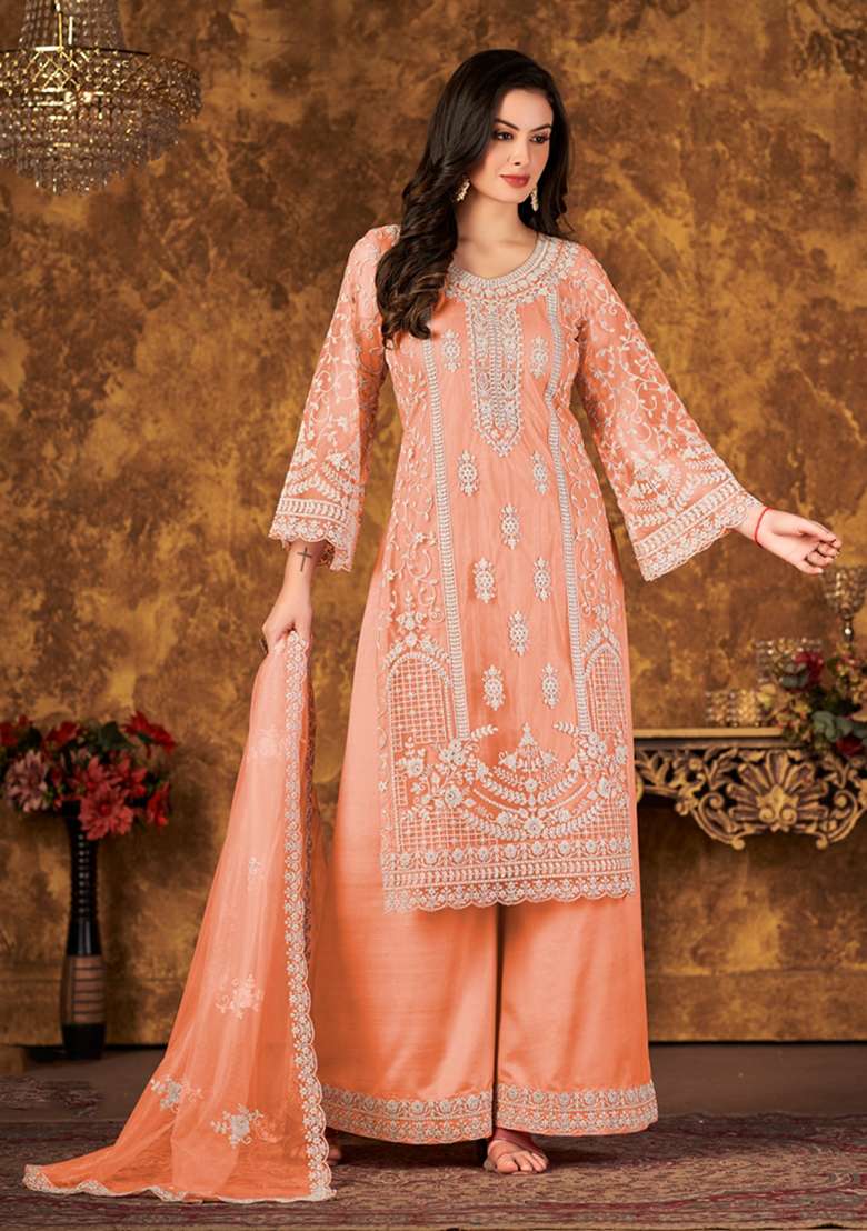 Orange Embroidered Net Straight Kurta Set - Indya