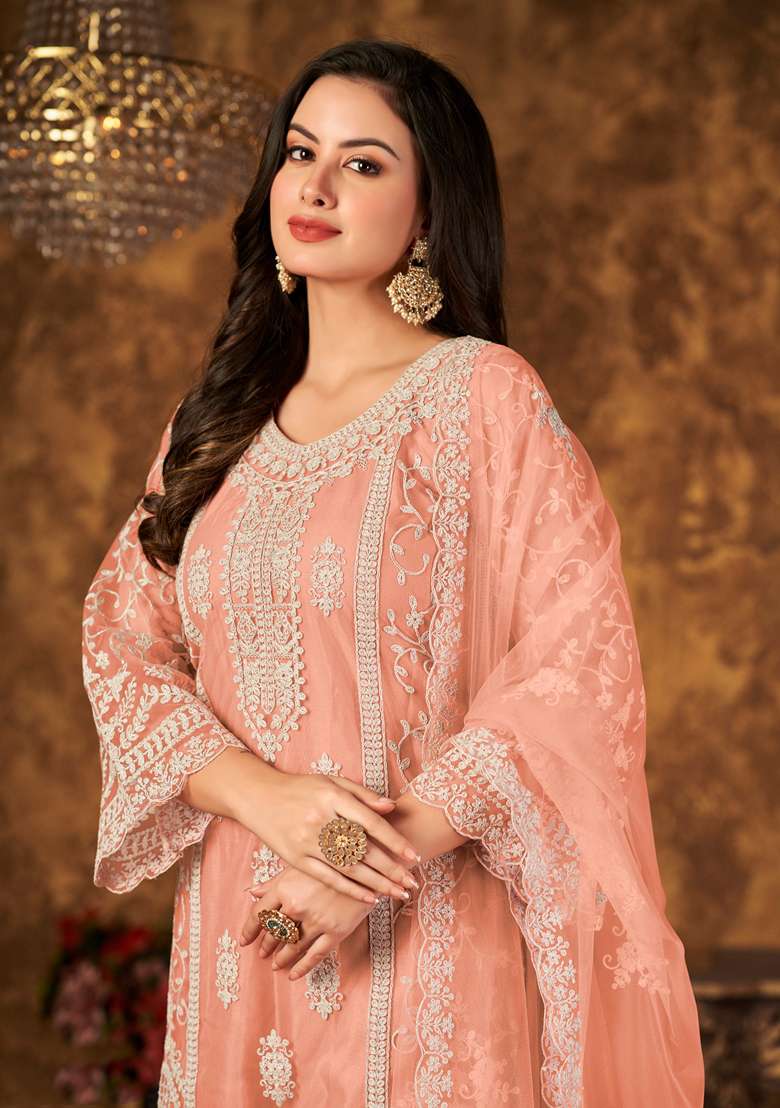Orange Embroidered Net Straight Kurta Set - Indya