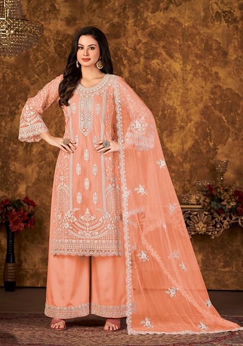 Orange Embroidered Net Kurta Set